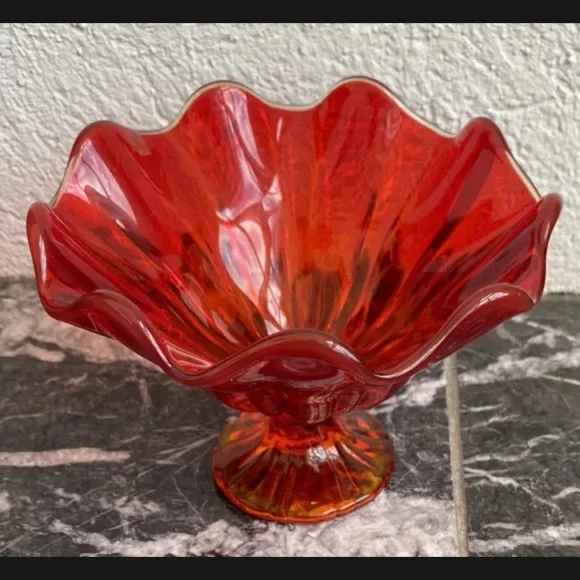 Vintage Glass Amberina Red Yellow 9 Petal Pedestal Compote/Bon Bon Candy Bowl. - Picture 2 of 8
